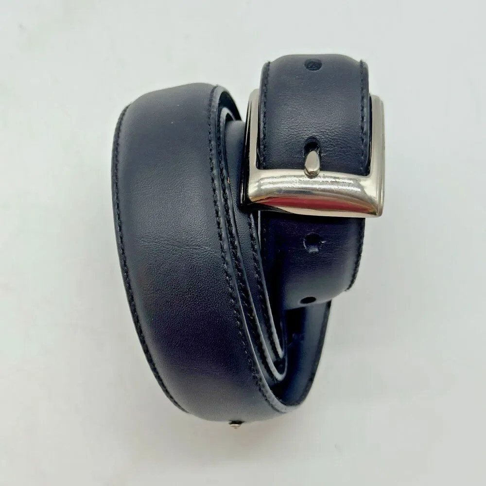 Polo Ralph Lauren Black Italian Leather Belt Men's 38 Silver Buckle & Logo FLAW